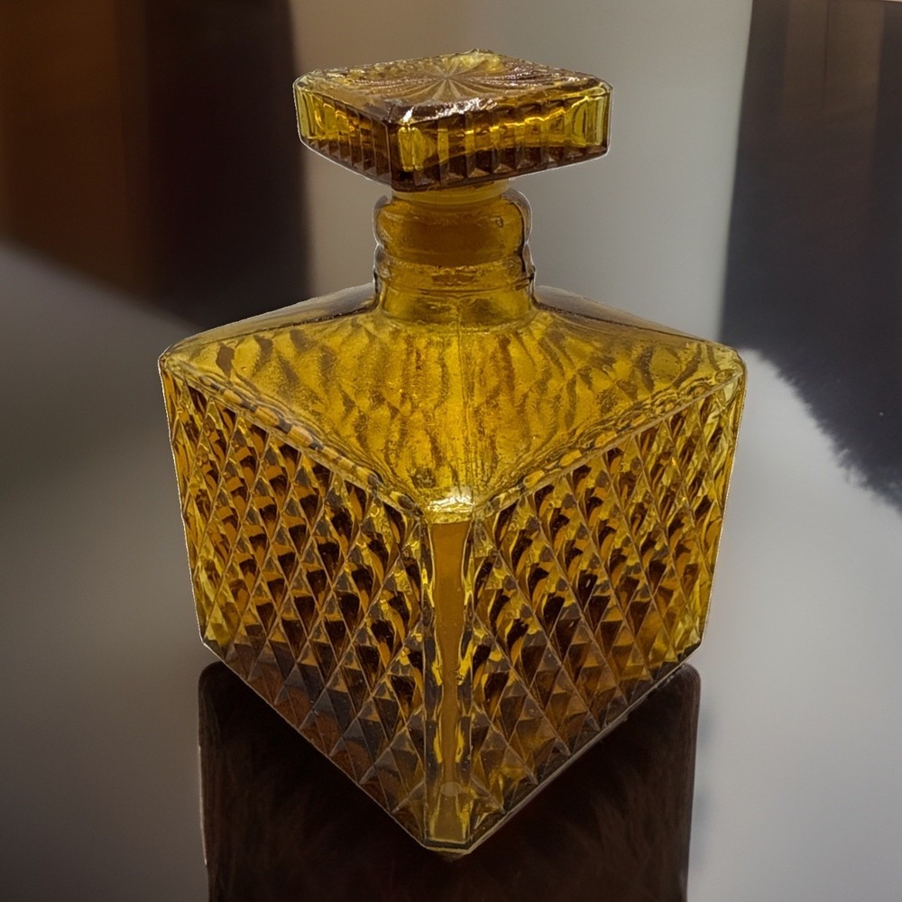 Vintage Amber Glass DecanterBottle 5.25" Diamond Pattern Square Stopper MCM